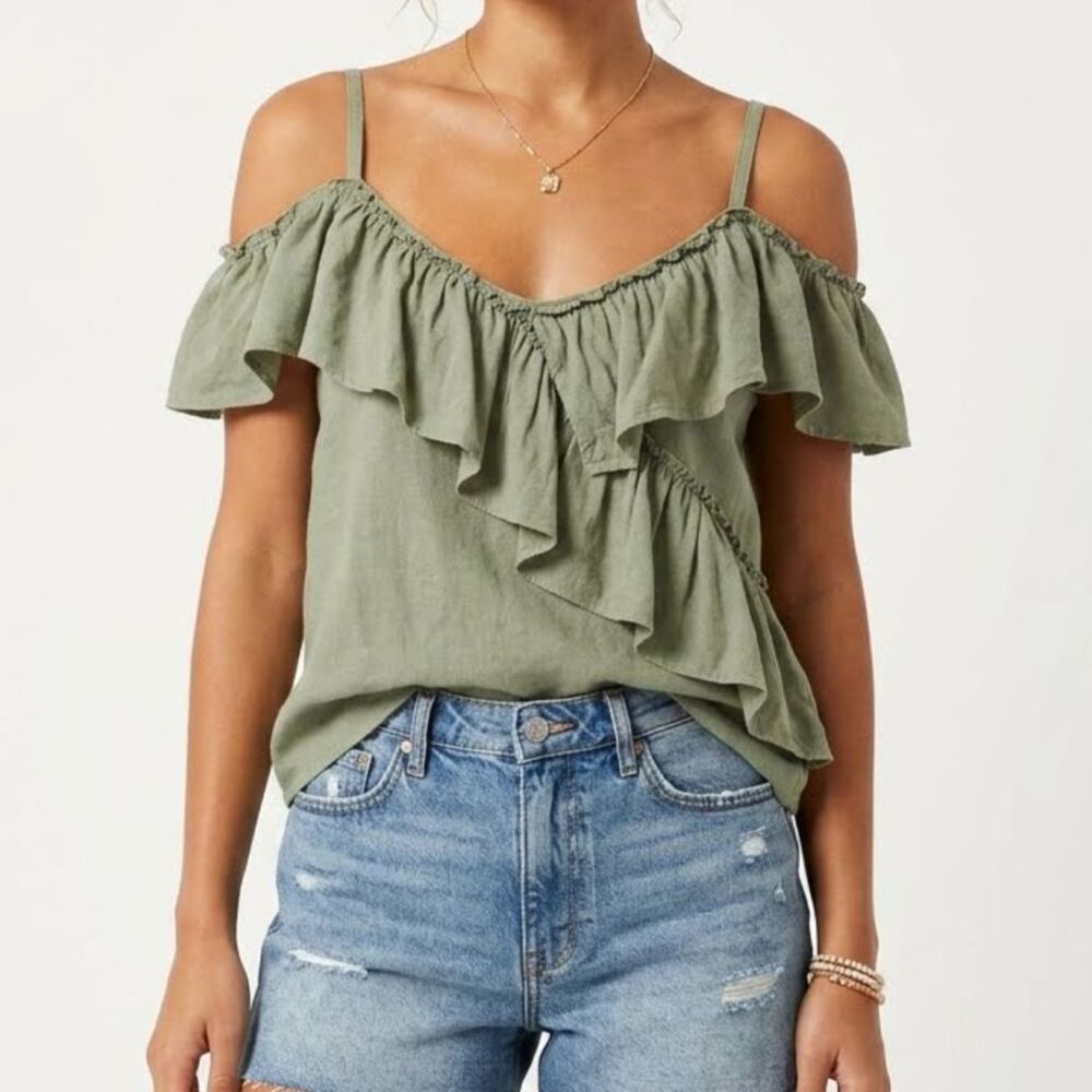 Y2K Sim & Sam Off-Shoulder Top Olive Green Size L Ruffle Goblincore Fairycore